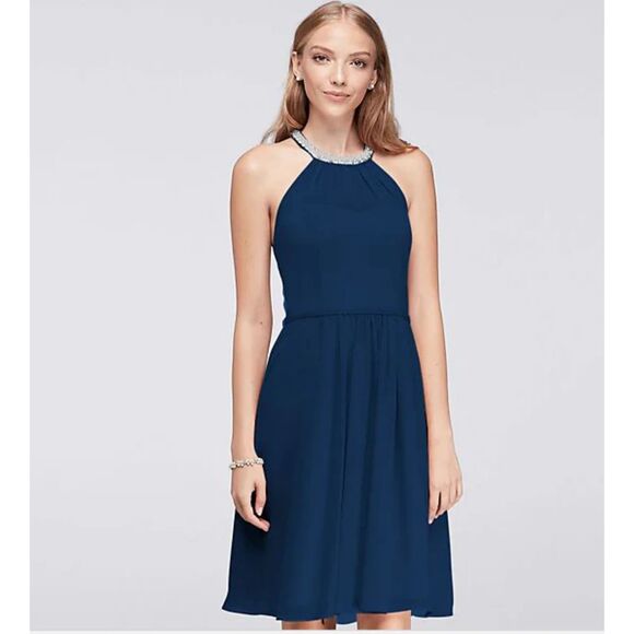 NWOT DAVIDS BRIDAL MARINE BLUE CHIFFON BRIDESMAID DRESS SIZE 10 W11082 - Picture 2 of 13